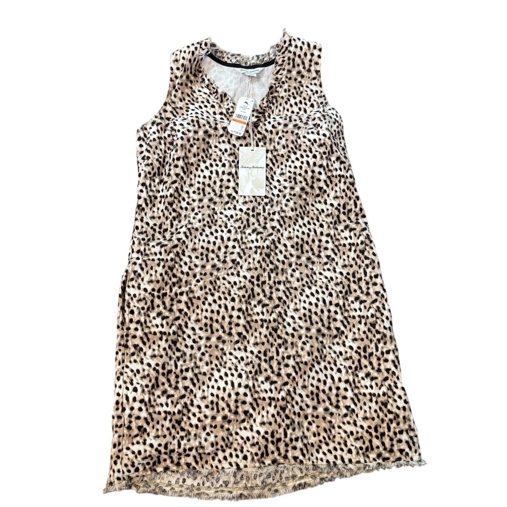 Tommy Bahama Lagoon Leopard Linen Shift Dress Ruffle V-Neck Raw Hem Summer Boho - Picture 4 of 8